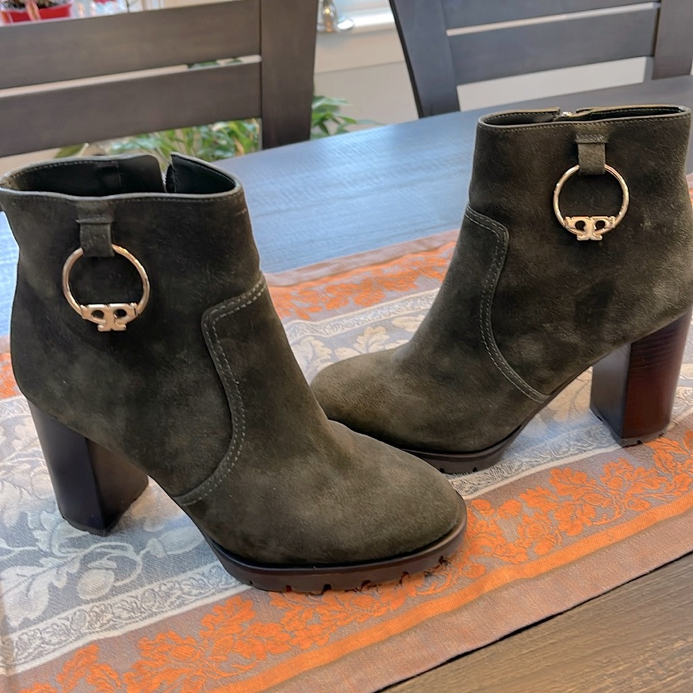 Tory Burch moss green suede heel booties